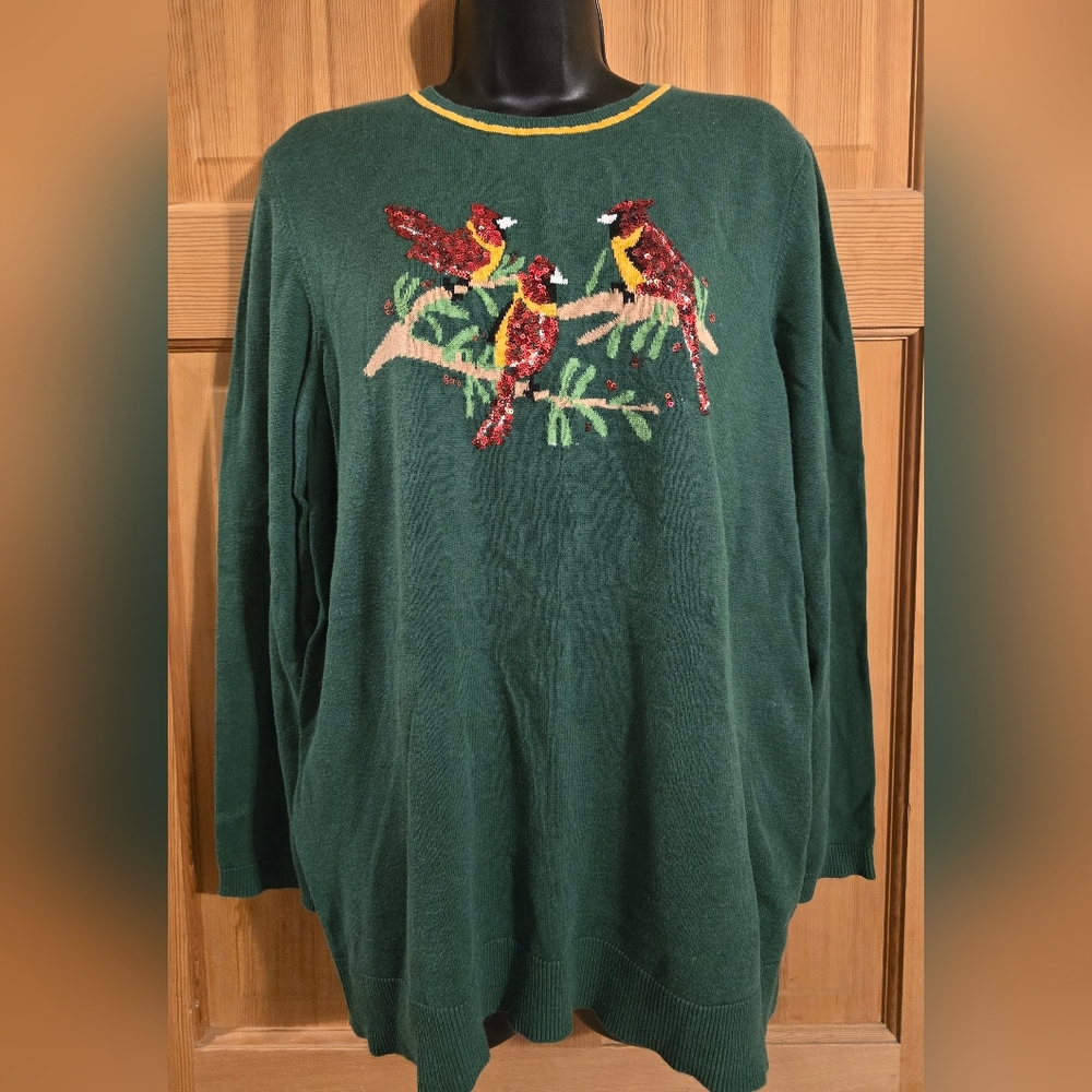 Kim Rogers Sequin Green and Red Crew Neck Sweater with Holiday Embroidery - Picture 3 of 6